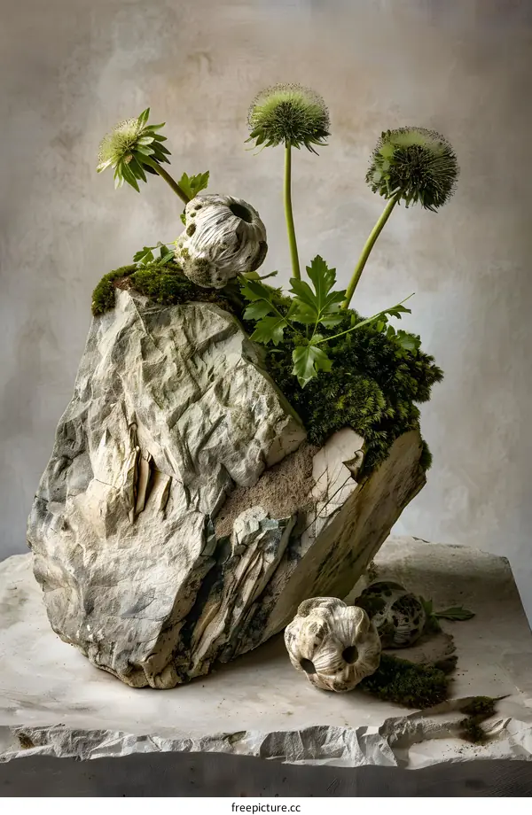 Stone Sculpture with Green Plants and Moss