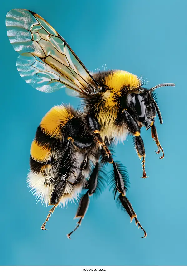 Bumblebee in Flight on Blue