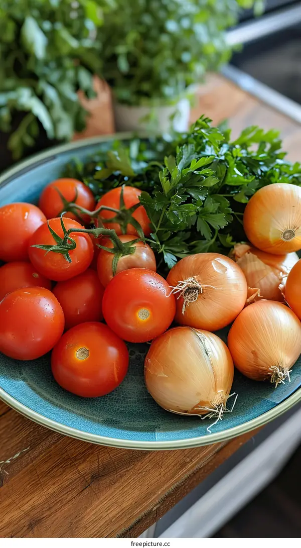 A plate of fresh vegetables including tomatoes, onions, and parsley