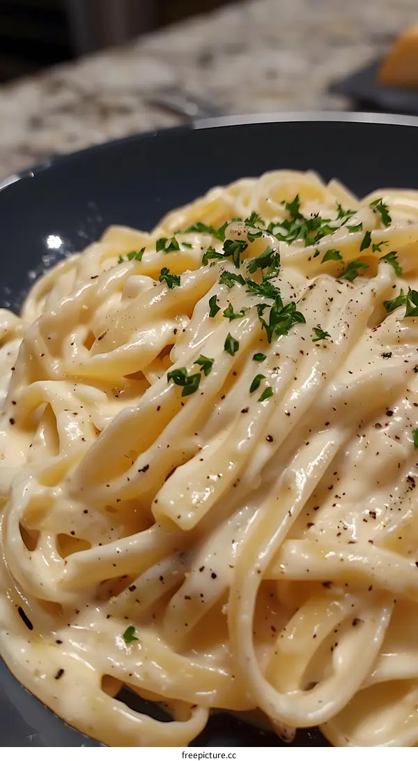 Closeup of Fettuccine Alfredo with Parsley