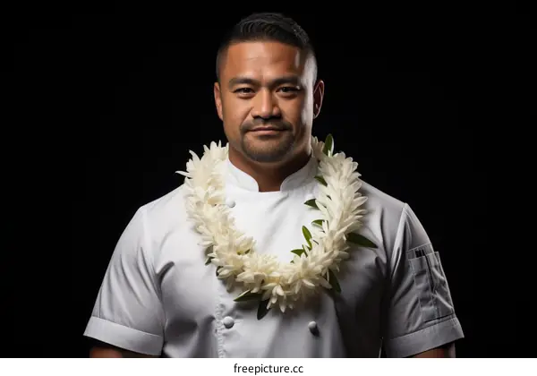 Portrait of a male chef wearing a white chef coat and a lei
