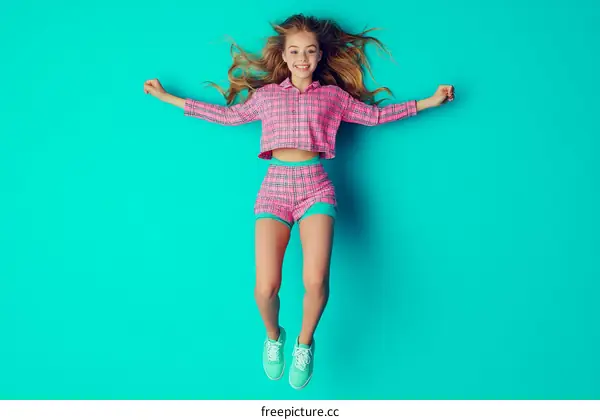 Girl in Pink Plaid Outfit on Turquoise Background