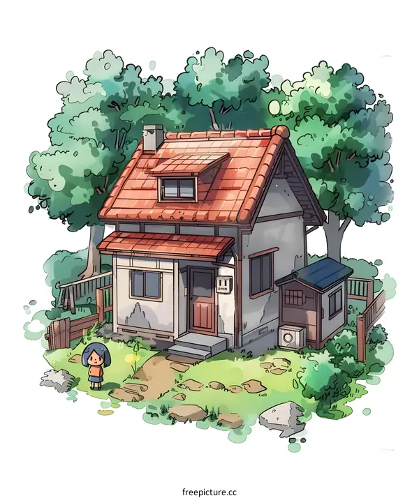 Cute Cartoon Illustration of a House with a Girl Standing in Front