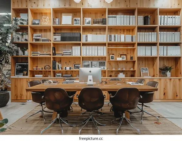A conference room with a large wooden bookshelf