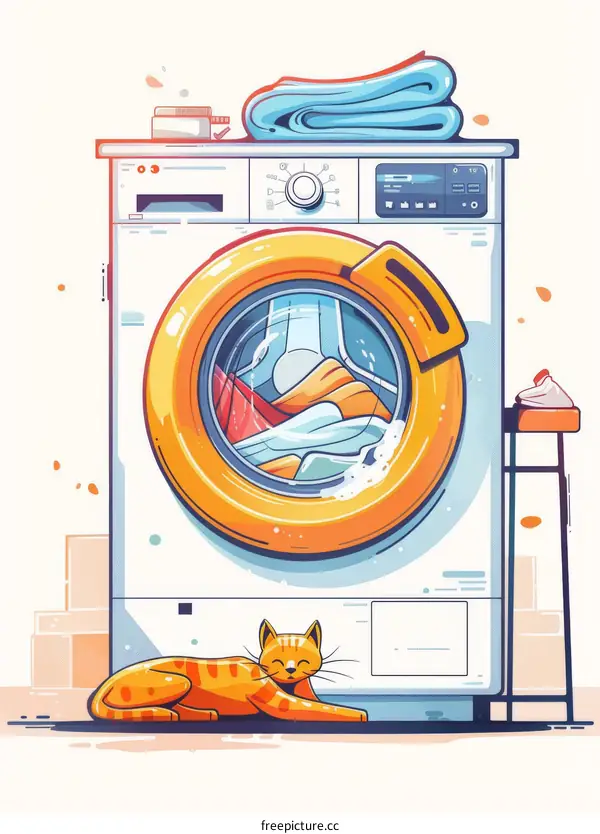 A washing machine with a cat sleeping beside it