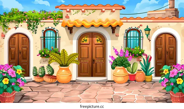 Beautiful Cartoon Illustration of a Spanish Style House