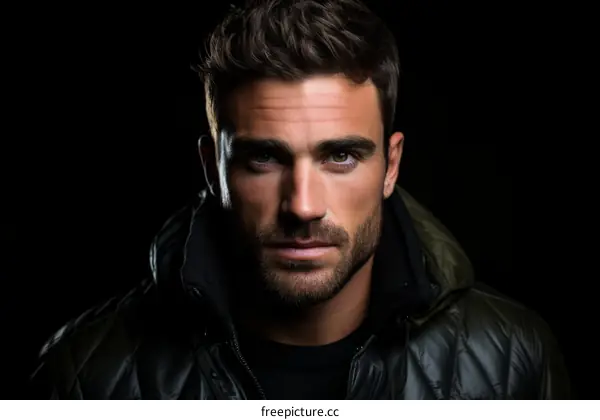 Portrait of a handsome young man with green eyes and dark hair wearing a black jacket