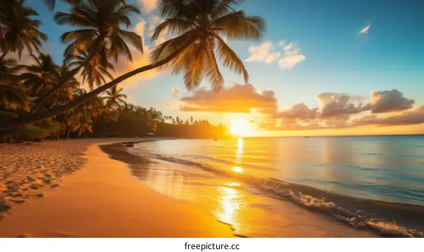 Beach sunset with palm trees