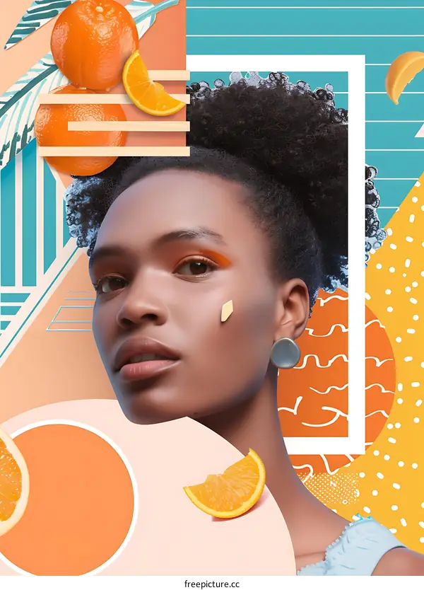 Collage of a Young Woman with Oranges and Abstract Shapes