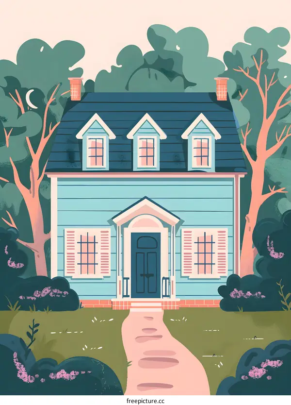 Cute Blue House with Green Trees Illustration