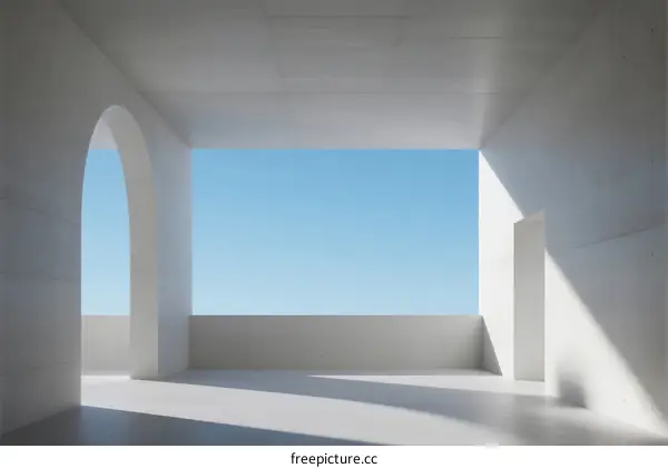 Minimalist White Architecture Space with Arched Window and Clear Sky