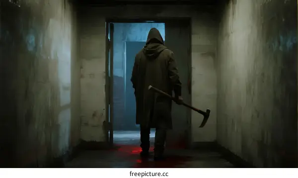 Mysterious Figure in Dark Corridor Holding Axe