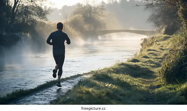 Man Running Along River Path in the Early Morning Mist