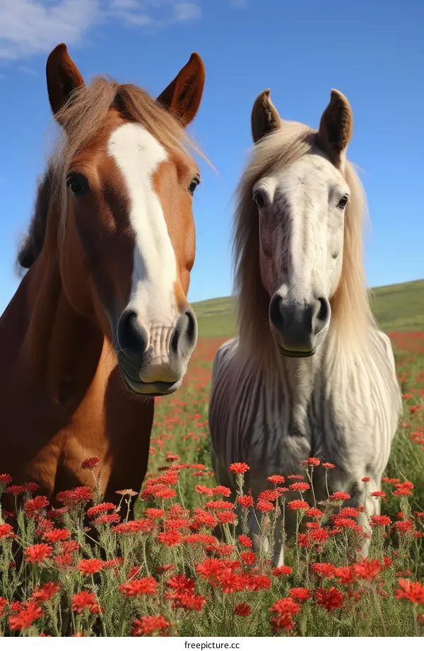 Two Horses in a Field of Red Flowers