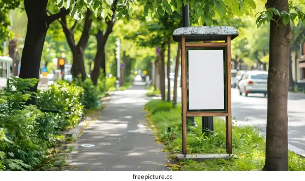 Blank Signboard on Sidewalk with Green Trees