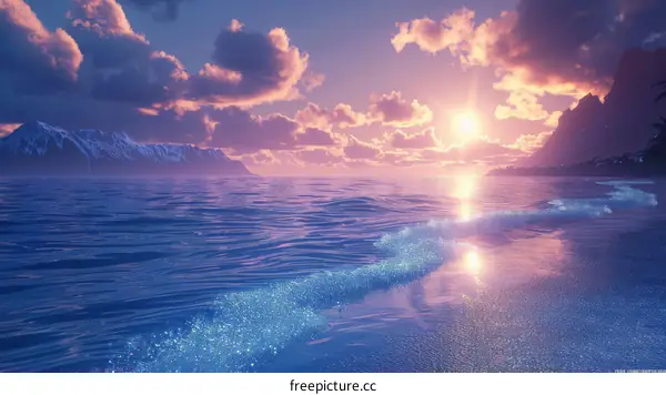 Sunset over the Ocean with Mountains in the Distance