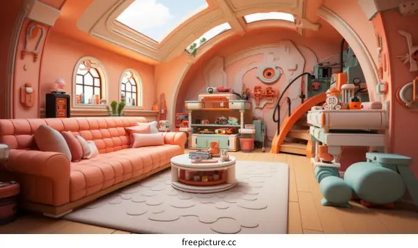 A cozy living room with a pink sofa, coffee table, and lots of toys
