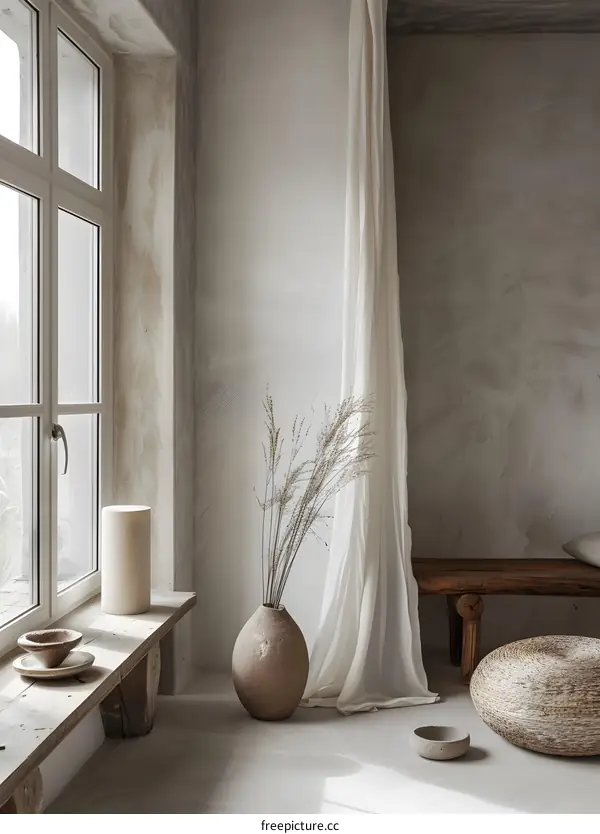 Minimalist Interior Design with White Curtains and Beige Decor