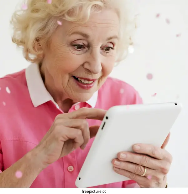 Elderly woman using a white tablet device