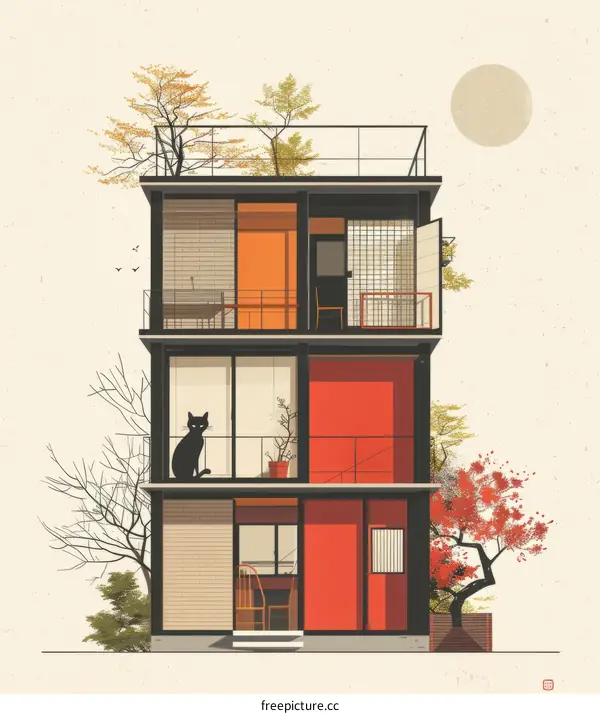 A three-story house with a black cat on the middle floor