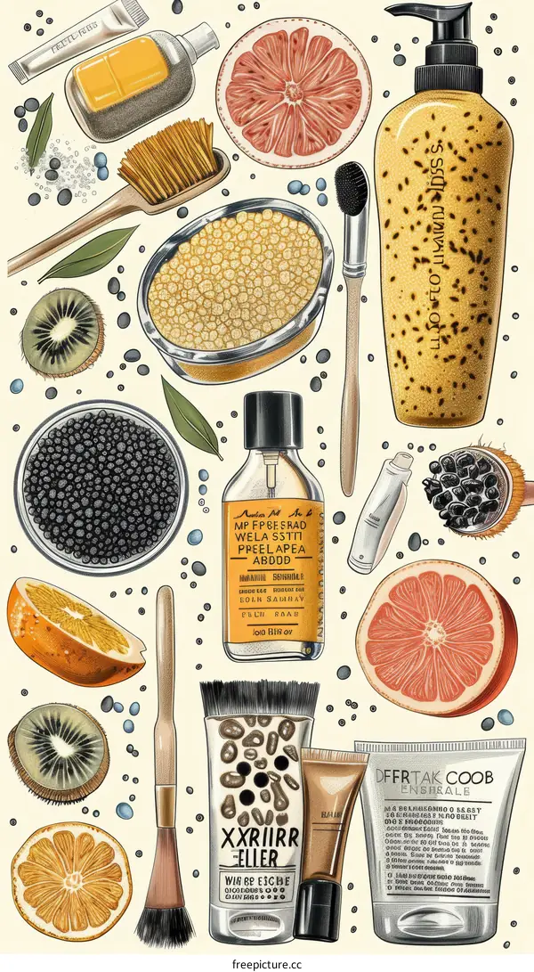 Beauty products and natural ingredients arranged in a flat lay