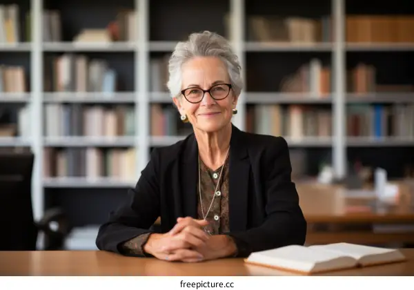 Portrait of a smiling senior woman sitting at a desk in a library