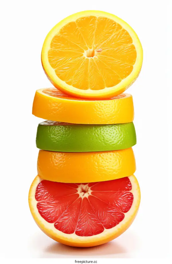 A stack of citrus fruits including an orange, a lime, and a blood orange