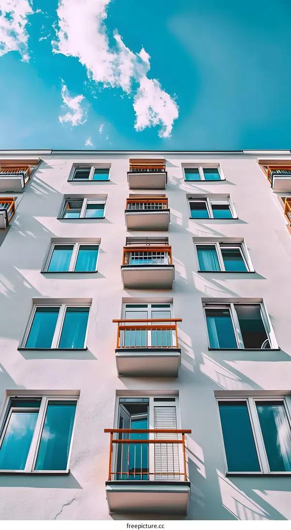 Modern Apartment Building Exterior with Balconies and Blue Sky