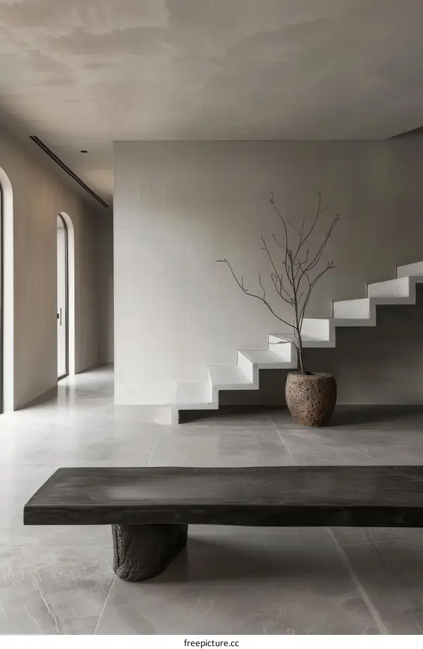 Concrete Staircase with Large Plant in Modern Minimalist Home