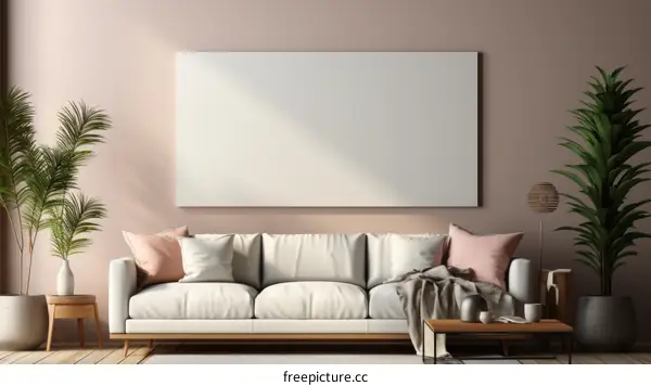 A stylish living room with a large sofa, plants, and a coffee table