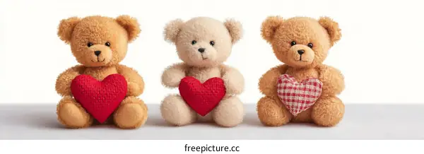 Three Teddy Bears Holding Hearts on White Background