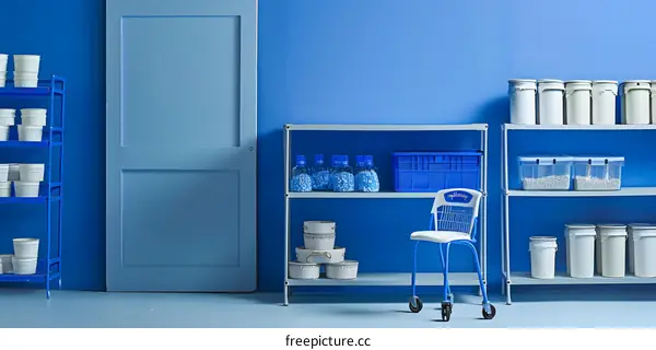 Blue Room With White Buckets and Metal Shelves