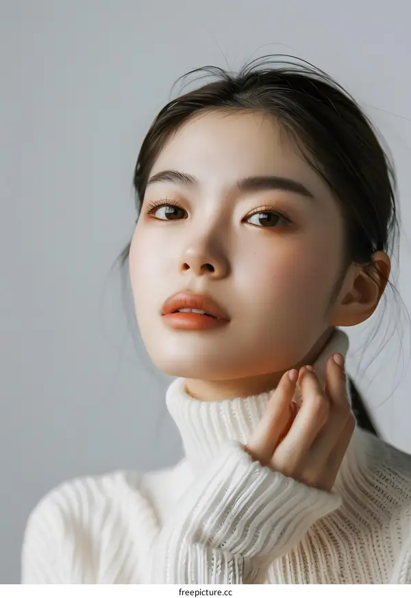 Portrait of a Young Asian Woman in a White Sweater