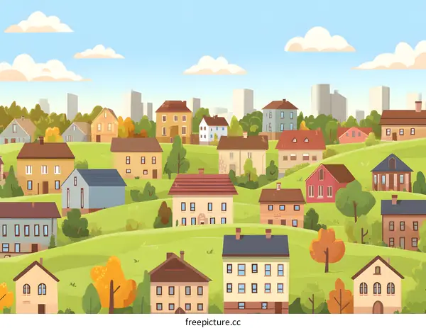 Colorful Houses on Green Hills with Blue Sky and Clouds