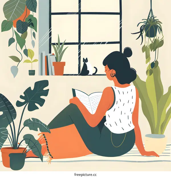 Woman Reading a Book in a Room with Plants