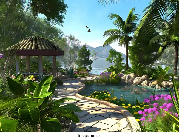 Tropical Garden with Stone Pathway and Pond