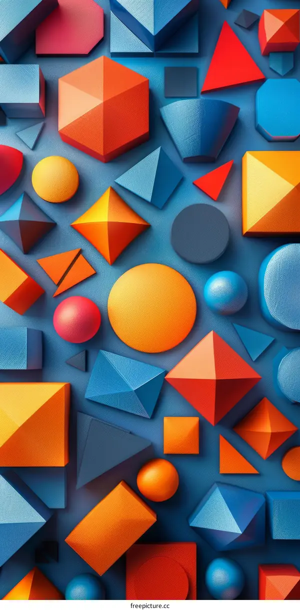 3D geometric shapes of various colors arranged on a blue background