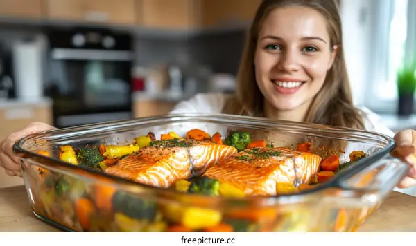 Woman Presenting Baked Salmon with Vegetables