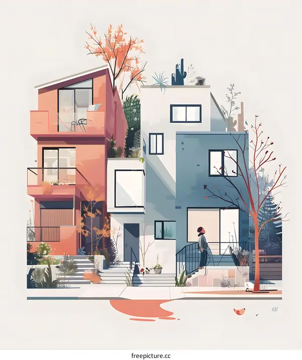 Modern House Illustration with Woman Walking Outside