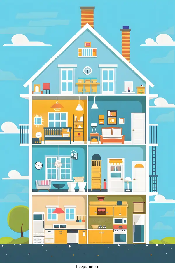 Home Interior Design Illustration With A Cut Away View Showing The Rooms