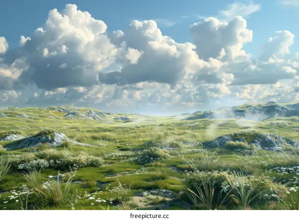 Lush Green Hills and White Cumulus Clouds Under a Blue Sky