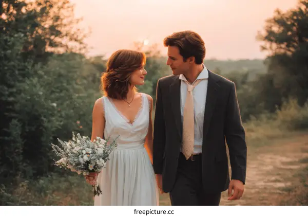 Couple Walking Outdoors During Sunset Wedding