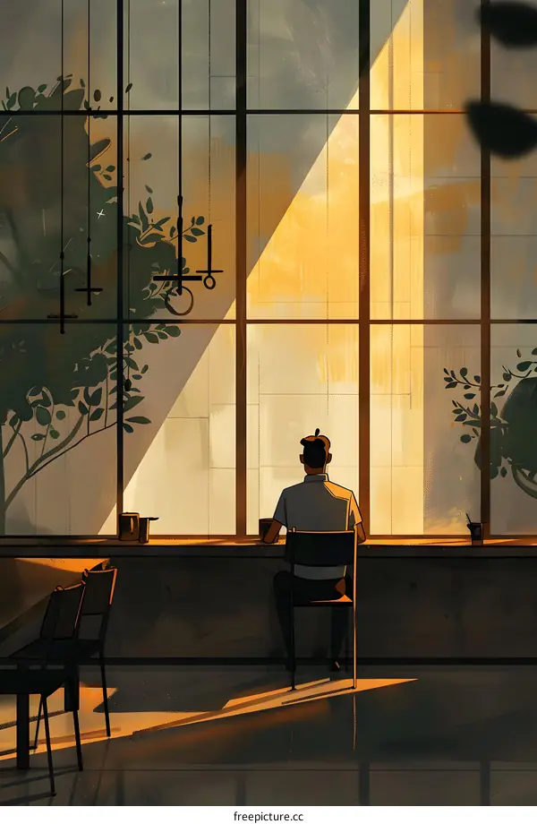 Man Sitting Alone By Window Looking Out At Sunset