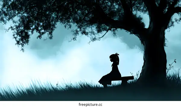 Silhouette of a Girl Sitting on a Bench Under a Tree