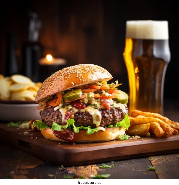 A delicious cheeseburger with a side of fries and a glass of beer