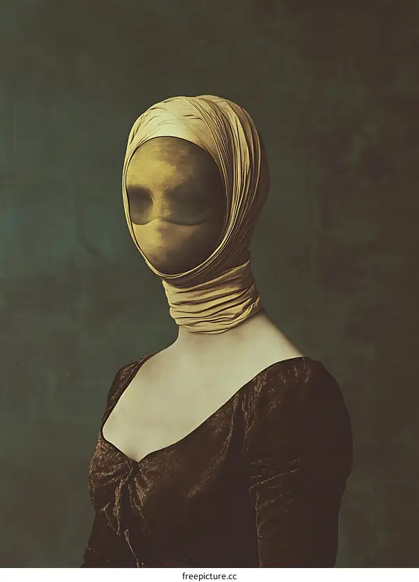 Mysterious Woman in a Mask and Brown Dress