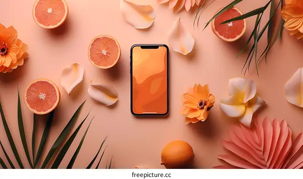 Orange and Flower Flat Lay with Smartphone