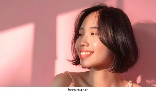 Portrait of a Smiling Asian Woman with Short Hair