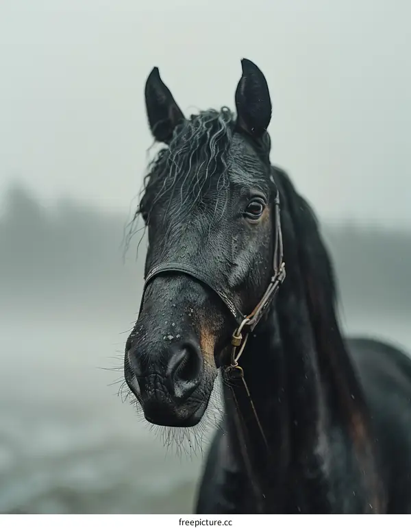 Portrait of a black horse with a white blaze
