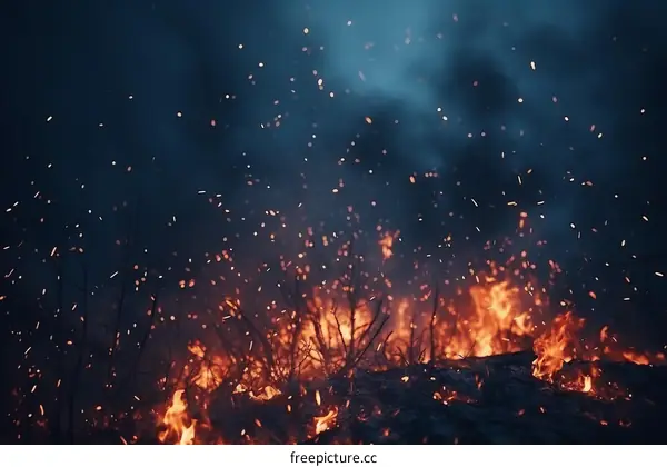Fire in the forest at night